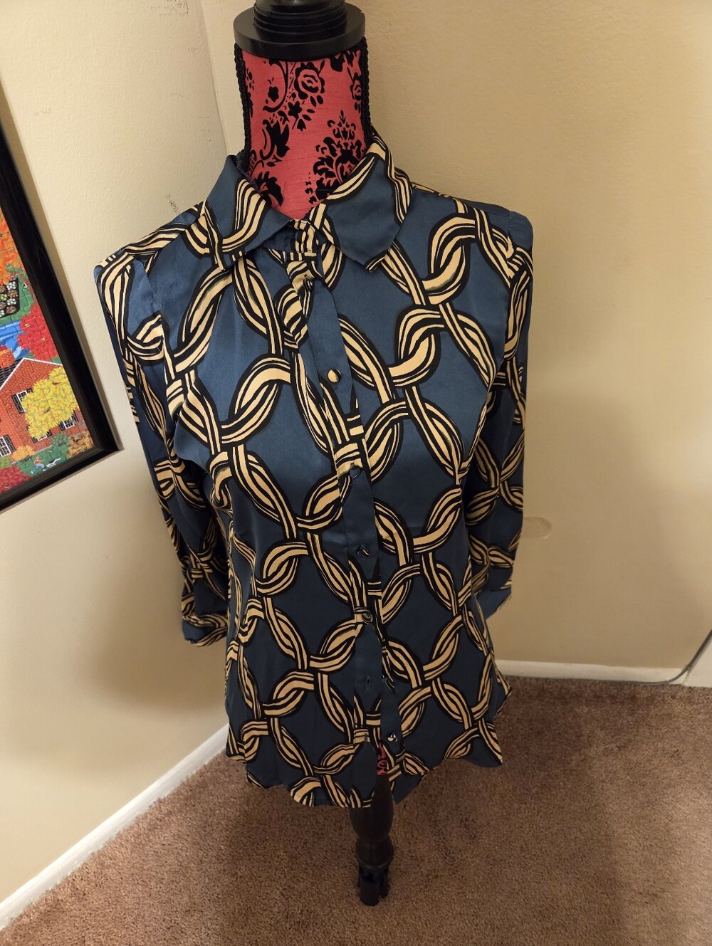 Industry Silky Blue Chain-Print Button-Up Blouse Large NWT